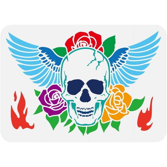 1pc Skull with Wings Stencil for Painting 8.3x11.7inch Reusable Skeleton Wings Pattern Template Plastic PET Roses Flames Stencil Decorative Skeleton Theme Template for Halloween Decor