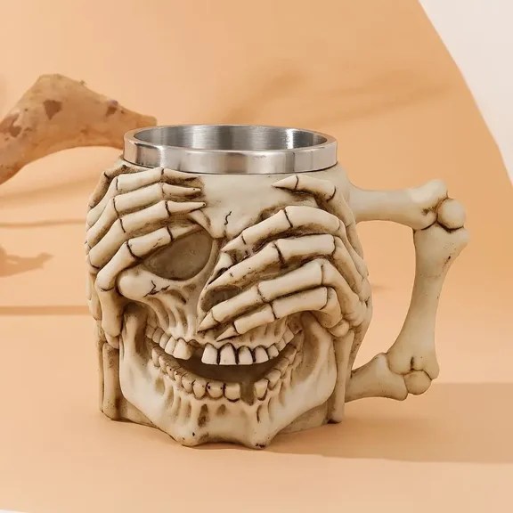 1pc Skull With Eyes Covered Design Handle Cup, Stainless Steel Inner Resin Relief Mug, Terrifying Decorative Room Home Design