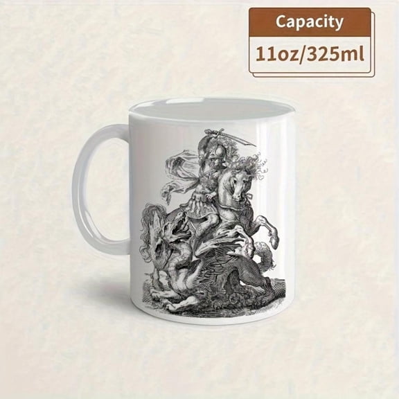 1pc Slaying Ceramic Mug Medieval Themed Fantasy Cup Hand Wash Only Reusable Knights Dragons Design Christmas Birthdays Parties Year Round Use
