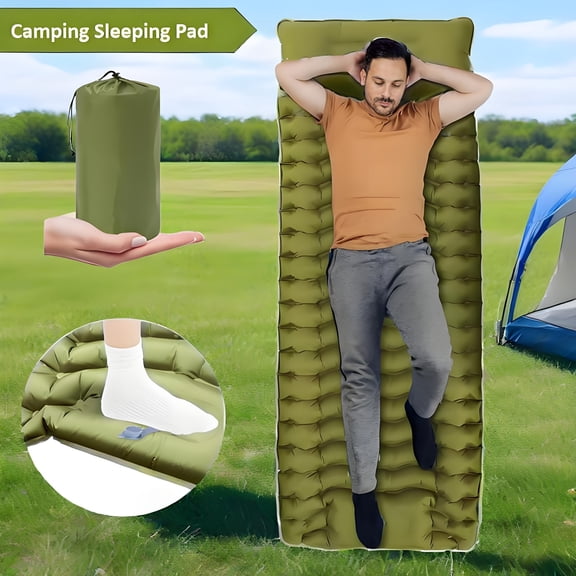 1pc Sleeping Pad - Self Inflating Sleeping Mat for One Person with Pillow Built-in Foot Pump Inflatable Sleeping Mat for Backpacking, Hiking, Traveling, Tent, Portable Camping Mat