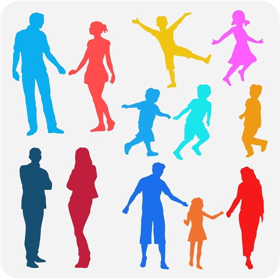 1pc Small Figures Stencil 11.8x11.8inch Square Painting Stencil Family Stencil Couples Template Family Member Silhouette Stencil Plastic PET Stencil for Floor Wall Door Furniture