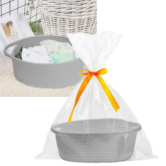1pc Small Woven Basket with Gift Bag and Ribbon, All 12"X 8"X 5", Cotton Rope Basket for Baby Shower, Decorative Gift Basket Empty Storage Box w/Handle, Cute Basket for Girls Holiday Present, Gray