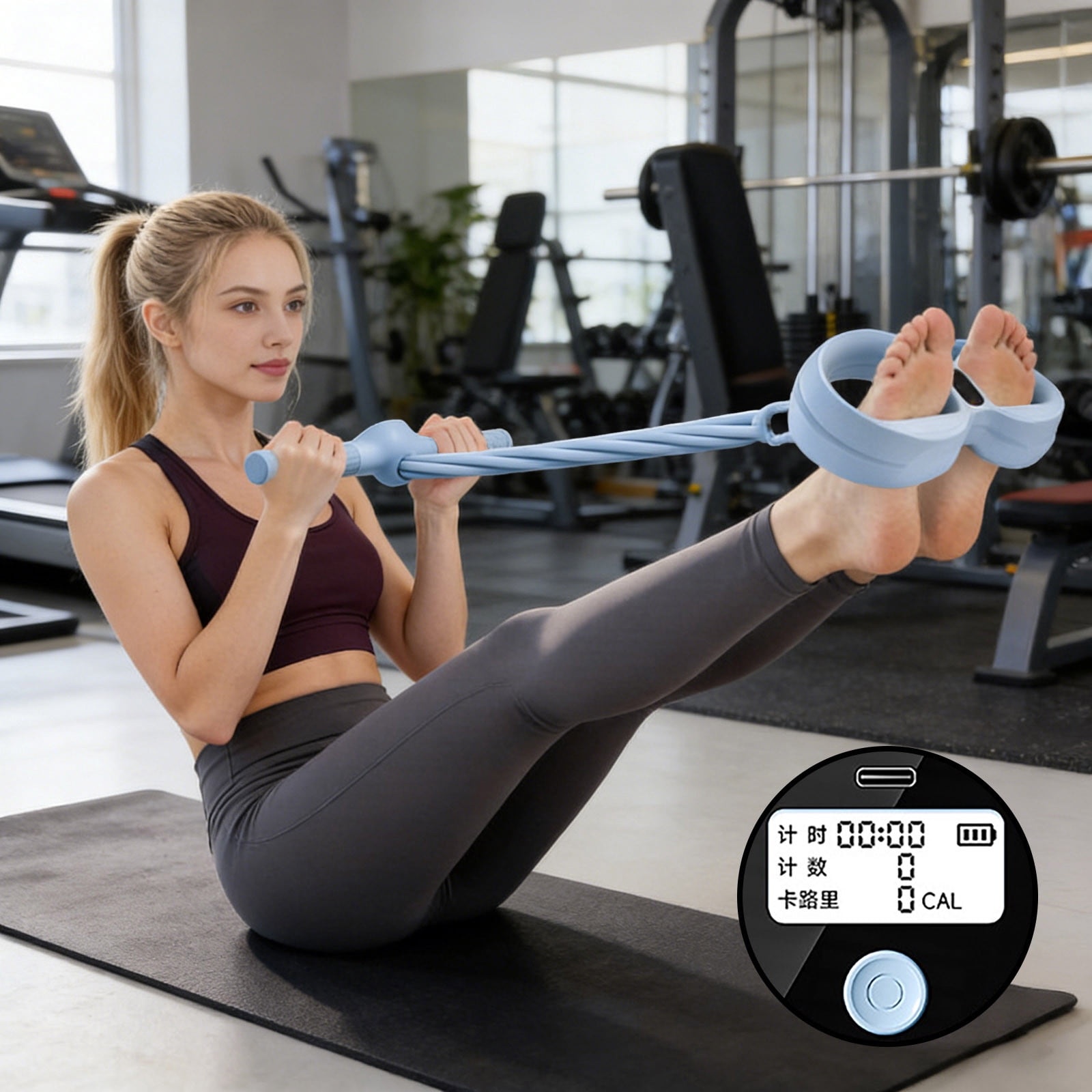 1pc Smart Foot Pedal Resistance Band, 6 Tube Pedal Puller Resistance Band with Digital Counter & Handles, Foot Pedal Resistance Bands for Full Body Stretching & Yoga (Blue-B)