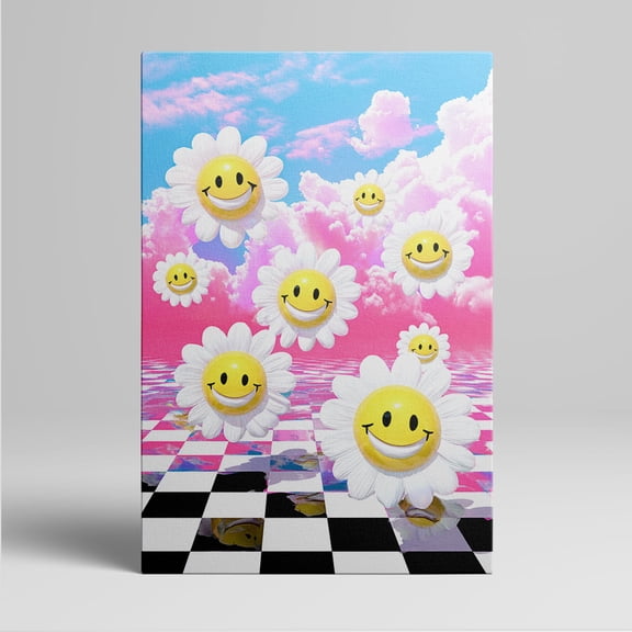 1pc Smiling Daisy Flowers on a Dreamy Pink - Blue Sky and Checkered Floor Framed Decor room hanging Wall Picture Decor for Home Gifts, living room, bathroom, bedroom, kitchen wall art decor canvas
