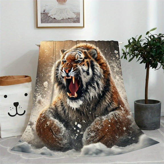 1pc Snow Roaring Tiger 2D Printed Flannel Blanket - Contemporary Style, Soft & Cozy Polyester, Perfect for Travel, Sofa, Bed, Office Decor - Ideal Birthday Gift for Couples & Adults, All-Season Comfo