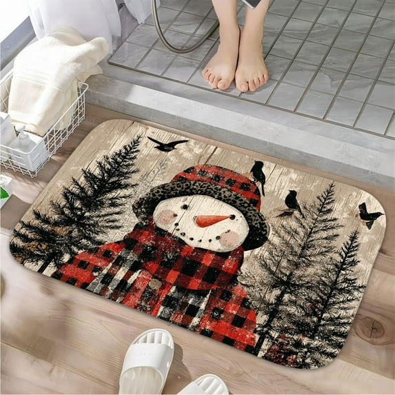 1pc Snowman in Winter Scene Absorbent Non-Slip Bathroom Thickened Flannel Rug Decor,Soft,Quick Drying,Suitable For Indoor/outdoor Use,Bathrooms,Bedrooms,Kitchens,Terrace,Laundry Rooms,16"x24"