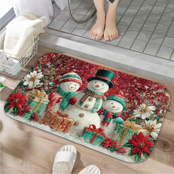 1pc Snowmen with Gifts Absorbent Non-Slip Bathroom Thickened Flannel Rug Decor,Soft,Quick Drying,Suitable For Indoor/outdoor Use,Bathrooms,Bedrooms,Kitchens,Terrace,Laundry Rooms,16"x24"