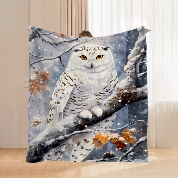 1pc Snowy Owl Print Flannel Blanket Soft Warm Plush Throw for Home Decor Camping Travel Office Machine Washable All Season Use Perfect Holiday Gift Owl Decor