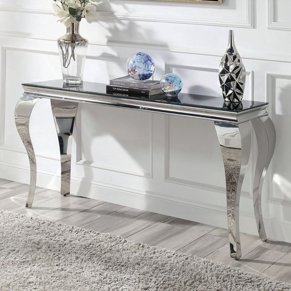 1pc Sofa Table in Glamorous Black Glass Top and Silver Stainless Steel Cabriole Style for Living Areas