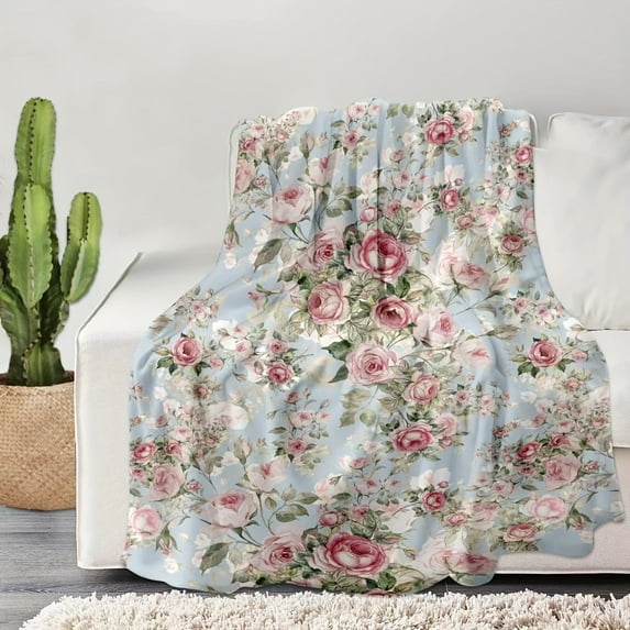 1pc Soft And Warm Rose Print Flange Blanket for Sofa, Couch, Office, Bed, Camping And Travel