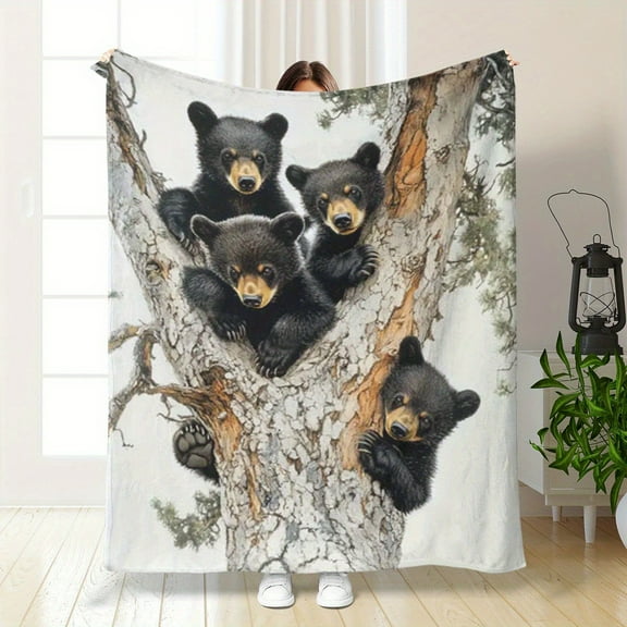 1pc Soft Black Bear Print Flannel Blanket – Machine Washable, All-Season Cozy Throw for Home, Bedroom, Office, and Leg Covering, Realistic Animal Design with Pine Tree Background