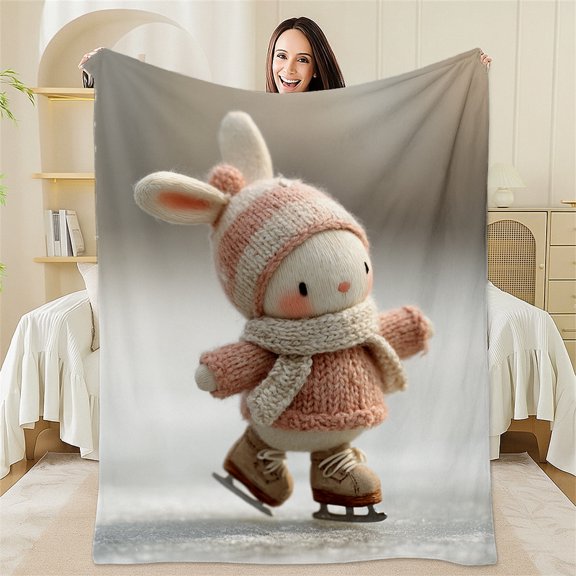 1pc Soft Comfortable Flannel Blanket with Ice Skating Bunny Pattern Machine Washable Suitable for Sofa Study Room Car Ideal for Reading and Home Relaxation Digital Print All Seasons