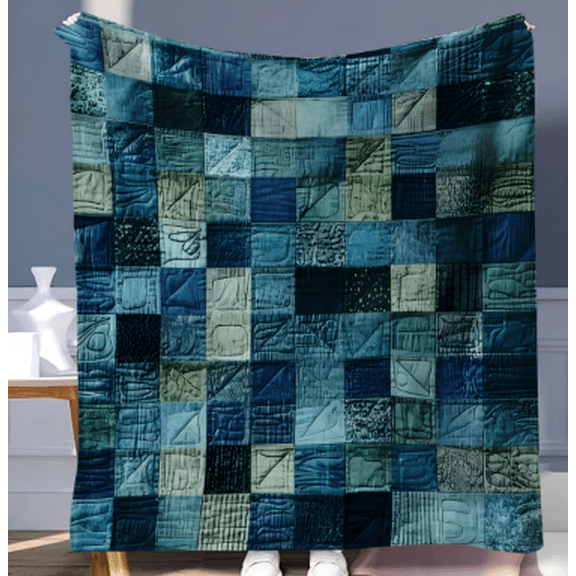 Vintage Patchwork Flannel Blanket, Teal Blue & Green Luxury Plush Throw, All-Season 30s Yarn Soft Blanket for Home Travel Camping, Perfect Housewarming Holiday Gift