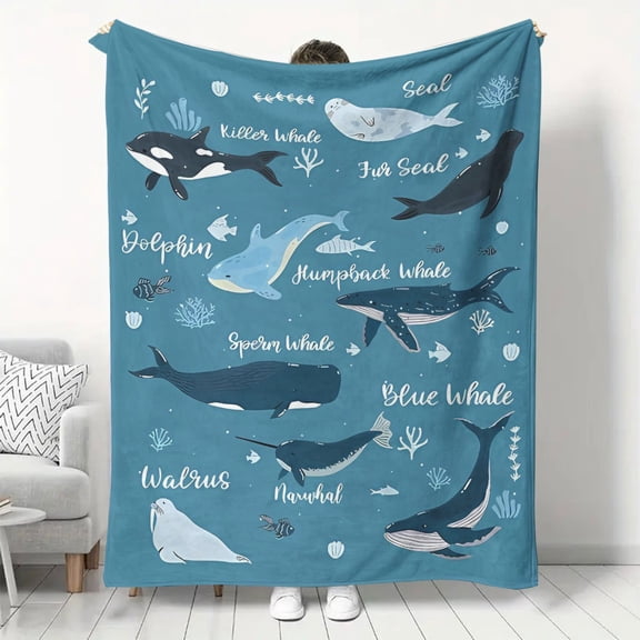 1pc Soft Flannel Blanket - Whale & Sea Life Design (Orca, Beluga, Narwhal, Kemp's Seal) - Teal Oceanic Colors - All-Season Couch, Bed, Travel Throw - Luxury Marine Decor Gift for Birthday, Christmas,