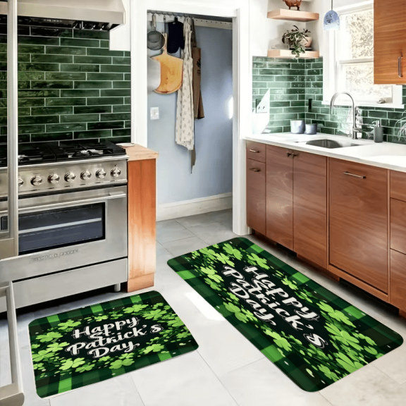 1pc Soft Flannel Floor Mat, 0.39inch Thick, Green Leaves & Text Design, Festive Atmosphere, Non-Slip Sponge Mat, Suitable for Entrance Living Room Bedroom Kitchen