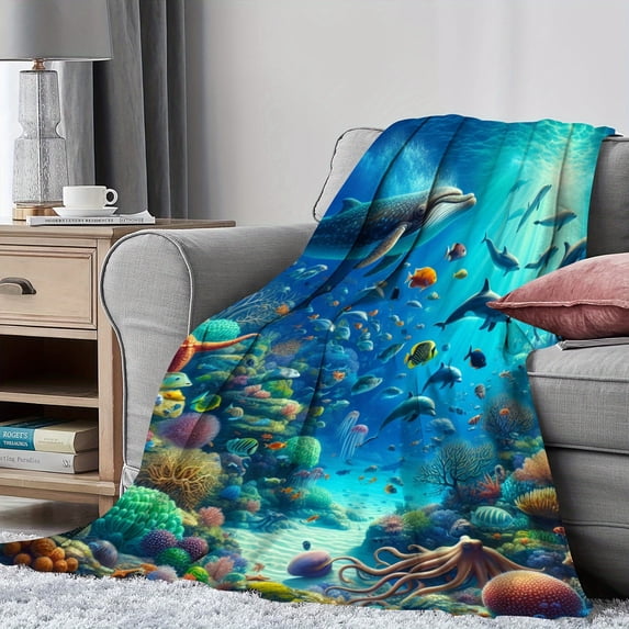 1pc Soft Flannel Underwater World Ocean Animal Blanket - Throws for Couch, Office, Bed, Camping, Travel - Multi-Purpose Gift for All Seasons with Vibrant Colors and Plush Texture