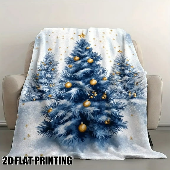 1pc Soft Flannel Winter Snowy Pine Trees Throw Blanket - Deep Blue & Golden Snowflake & Pine Print, All-Season Cozy Couch Bedspread for Sofa, Living Room, Office - Luxury Christmas Decor in Blue, Gol