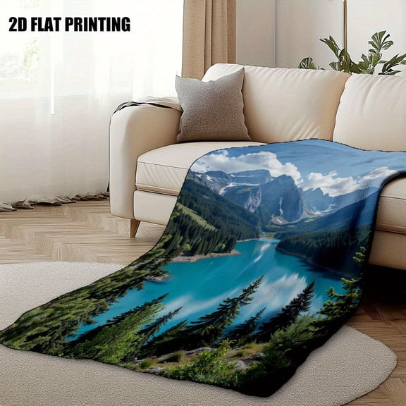 1pc Soft Mountain Serenity Print Flannel Throw Blanket - Warm Polyester Blend, Digital Print of Tranquil Lake & Snow-Capped Peaks, Ideal for Sofa, Bed, Chair, Living Room, and Office - Perfect Gift f