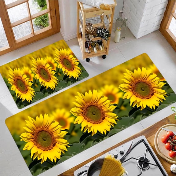 1pc Soft Polyester Mat Suitable for Kitchen, Bedroom, Corridor - Bright Yellow Sunflower Floor Mat, Country Style, Hand Washable Decorative Mat for Home & Office Decor (Sunflower Pattern)