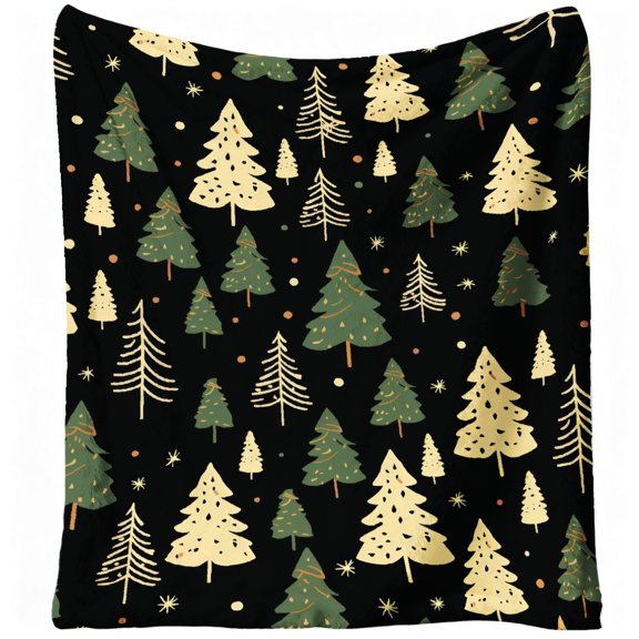 1pc Soft Warm Flannel Blanket - Black & Golden Christmas Tree Print with Green Pine Trees & Golden Stars, 280gsm All-Season Cozy Throw for Sofa Bed