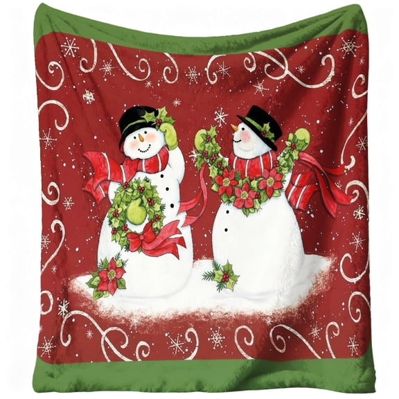 1pc Soft Warm Flannel Blanket - Heavyweight 280GSM All-Season Cozy Throw - Red & Green Snowman Winter Design with Snowflakes - Machine Washable Couch