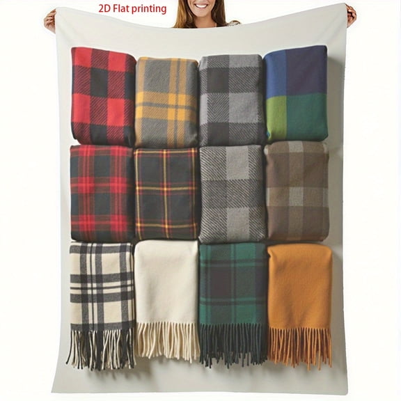 1pc Soft Warm Flannel Blanket Suitable for Bed Sofa Camping & Travel Plaid Bedspread with Tassels All Cozy Comforter Multi Color Options (Bedspread Only Bed Not Included) 2D Flat