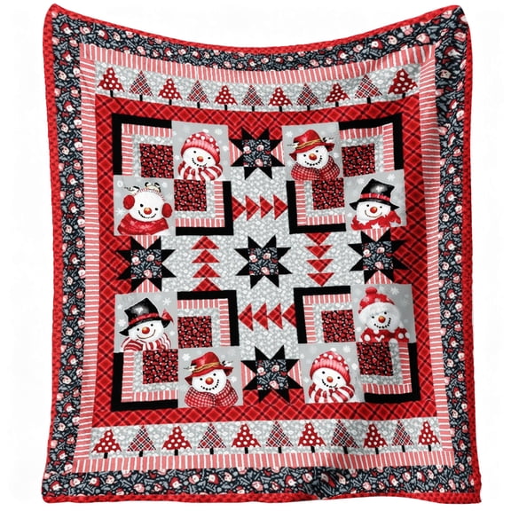 1pc Soft Warm Flannel Snowman Patchwork Quilt - Red White Black Grey Plaid Star & Snowflake Bedspread, 280gsm All-Season Cozy Bed Cover for Sofa
