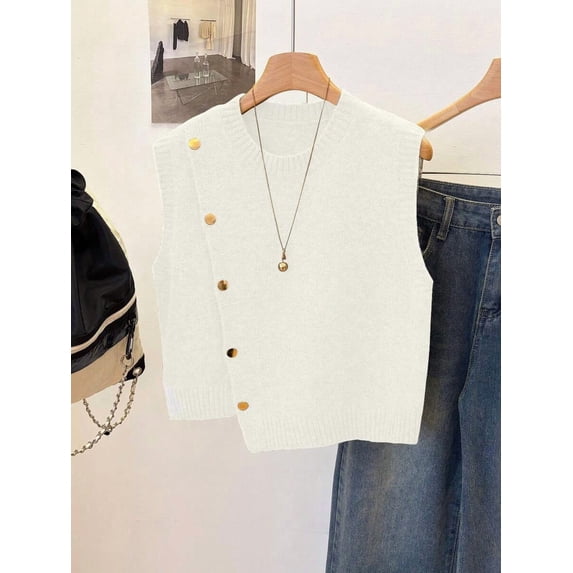 1pc Solid Color Cropped Round Neck Asymmetrical Button Design Fashion Layering Sleeveless Knit Vest Tank Top Summer, Effortless Style