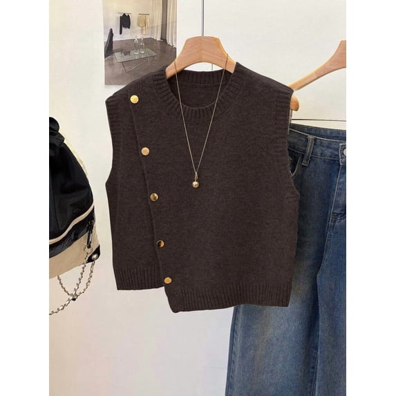 1pc Solid Color Cropped Round Neck Asymmetrical Button Design Fashion Layering Sleeveless Knit Vest Tank Top Summer, Effortless Style
