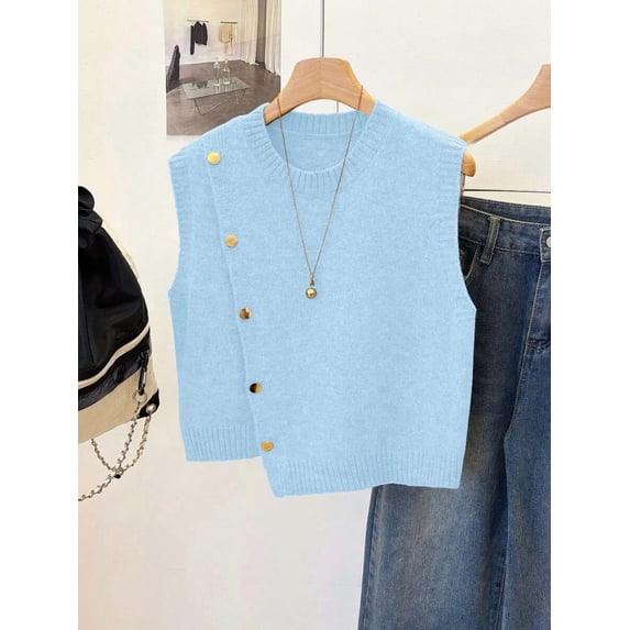 1pc Solid Color Cropped Round Neck Asymmetrical Button Design Fashion Layering Sleeveless Knit Vest Tank Top Summer, Effortless Style