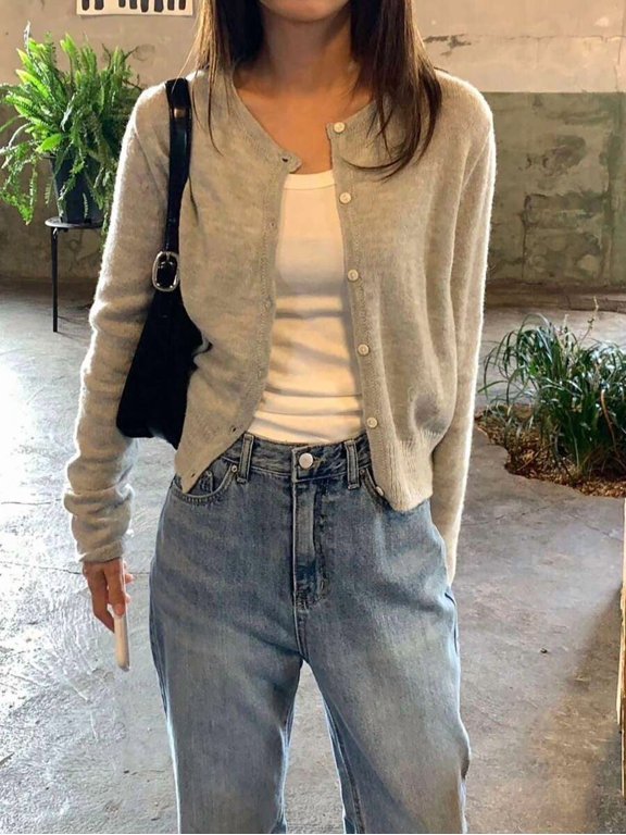1pc Solid Color Knit Fabric Front Button Cardigan, Thin Style, Suitable For Daily Wear In Spring, Summer, Autumn And Winter