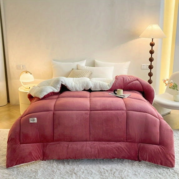 1pc Solid Color Thick Soft Comforter Lamb Quilt, Ultra Breathable All Season Cover Quilt Double-Sided, Box Stitch for Bedroom Warm Autumn And Winter Comforter, Gift, Home Decor