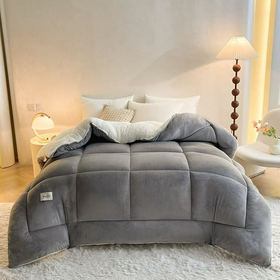 1pc Solid Color Thick Soft Comforter Lamb Quilt, Ultra Breathable All Season Cover Quilt Double-Sided, Box Stitch for Bedroom Warm Autumn And Winter Comforter, Gift, Home Decor