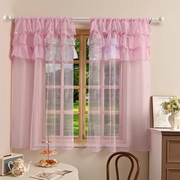 1pc Solid Colour 3-layer Lace Sheer Curain, Lace Curtains for Living Room, Bedroom, Home Decor, Window Screen Rod Pocket