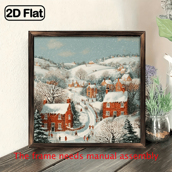 1pc Solid Wood Framed Rustic Winter Village Wall Art - 8x8 European Farmhouse Snowy Landscape Panel with Red-Roofed Houses, Snowman Pine Trees - Easy-Hang HorizontalChristmas Cabin Decor f