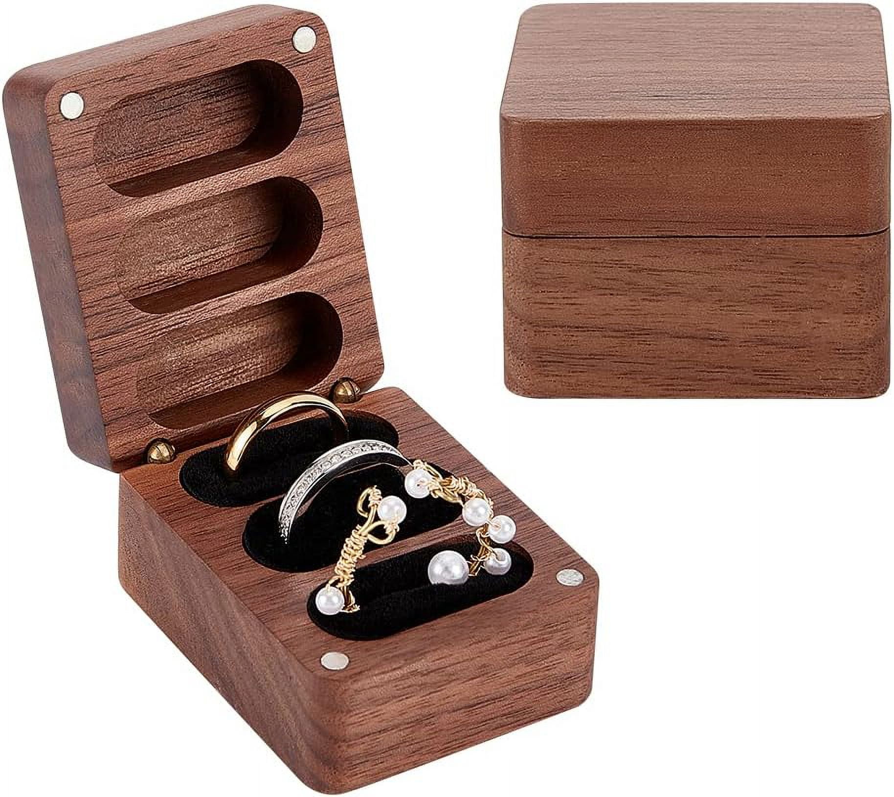 HOBBSPRING 1pc Solid Wood Ring box 3 Slot Ring box with Clasps and Black Velvet Inside Solid Ring Holder Rectangle Wooden Ring Case box for Wedding Ceremony Engagement Birthday