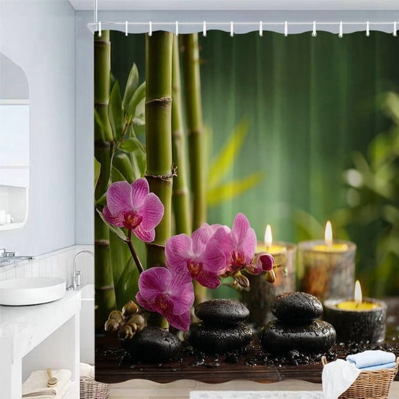 1pc Spa Shower Curtain Pink Orchids Bamboo Gradient Black Pebbles Lit Candle Design Relaxing Atmosphere Machine Washable Polyester Hooks Bathroom Massage Room Decor Easy Maintenance Tranquil