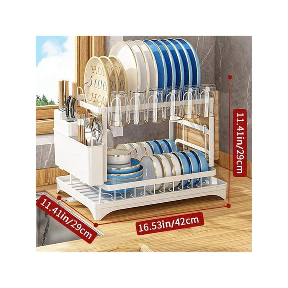 1pc Space-Saving 2-Tier Dish Rack With Multifunctional Storage - Over Sink Design, Detachable Cup And Cutlery Holders,  Drainboard - Kitchen Organizer, Chic White