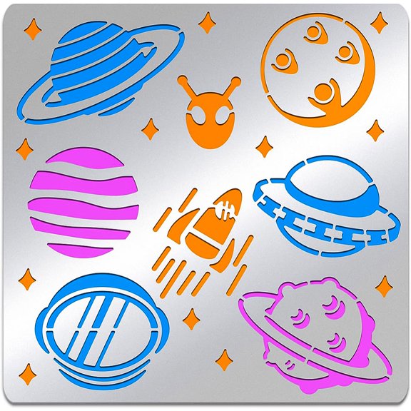 1pc Space Theme Metal Stencil Square Stainless Steel Planet Aliens Rockets Template Stencil for Scrapbooking Engraving Pyrography Journal 6x6inch