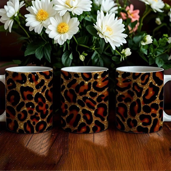 1pc Sparkling Golden Black Sequin Leopard Print Coffee Mug 11oz Glossy Glitter Cup with Golden Dishwasher Reusable Cup Home Office Parties Gifts Leopa