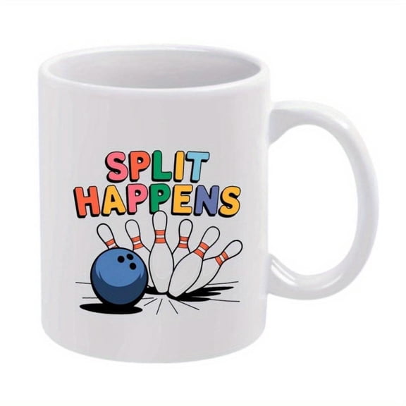1pc Split Happens Bowling Ceramic Coffee Mug 11oz Humorous Bowling Enthusiasts White Mug with Colorful Cartoon Pins Ball Design Home Office or Parties Bowling Accessories Party Drinkware