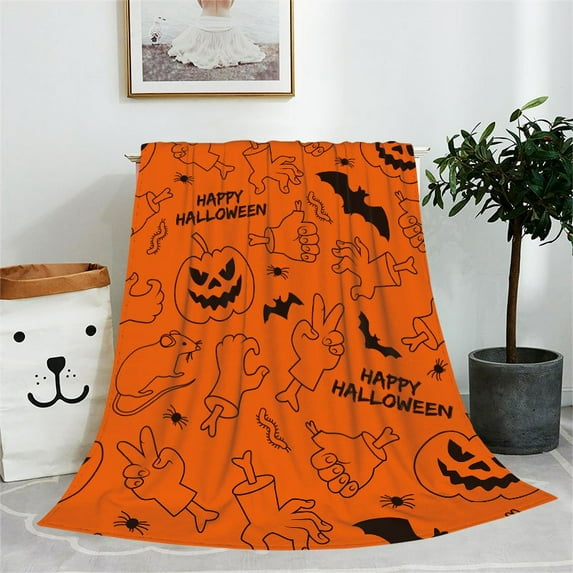 1pc & Spooky Black & Orange Flannel Blanket - Soft Warm All-Season Bat,, Mummy, Frankenstein & Candy Corn Design, Halloween Quilt Cover, Gothic Blanket, Wicked Comforter, Goth Blanket, Gothic Comfort