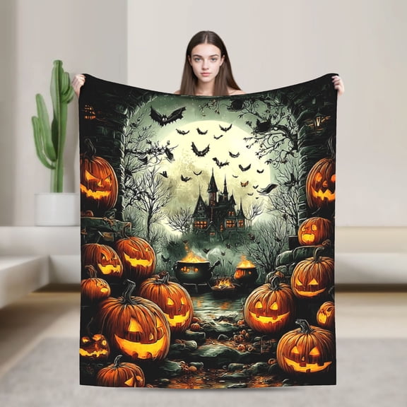 1pc Spooky Gothic Castle & Jack-O-Lanterns Throw Blanket - Dark Black & Golden Haunted House Design with Bats - Soft Polyester Flannel All-Season Couch Bedspread - Lightweight Cozy Blanket for Hallow