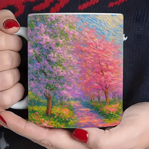 1pc Spring Cherry Blossom Ceramic Coffee Mug with Vibrant Pink Trees Floral Path Dishwasher 11oz Flower Tea Cup home Office or