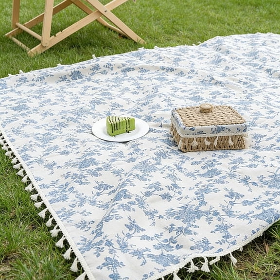 1pc Spring Summer Blue Floral Tassel Camping Blanket With Tassel Trim. Suitable For Beach Trips, Camping , Hiking,Park Picnics
