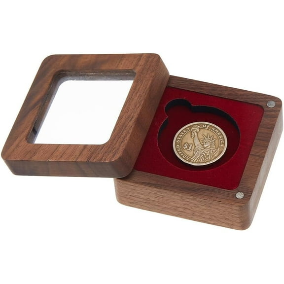 1pc Square Black Walnut Wooden Coin Storage boxes with Acrylic Clear Window Jewelry Gift Case Dark Red 6.8x6.8x3.4cm