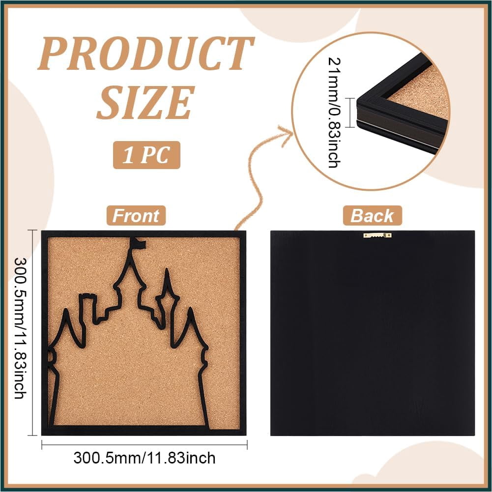 1pc Square Castle Pin Board Cork Board 11.8x11.8inch Bulletin Display Board Wall Mounted Cork Board with Black Frame for Brooch Pin Storage Display Office Home and School Decor