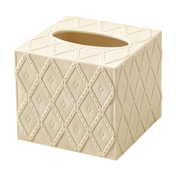 1pc Square Tissue Box Cover, Aesthetic Desk Decor, Woven Embossing Tissue Box Holder for Room, Home, Office, Fits Kleenex and Puffs Cube Boxes (Beige)