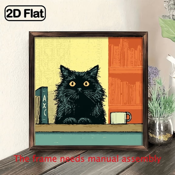 1pc Square Wooden Painting - Black Cat Reading by Cup, Rustic Farmhouse Library Decor - Vintage Bookish Wall Art Plaque for Living Room, Bedroom, Office - Easy Hanging Home Deco 8*8in