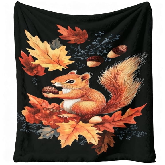 1pc Squirrel & Autumn Leaves Flannel Blanket - Soft Warm 280gsm Cozy Bedspread, Brown Golden Tan Fall Winter Bedding & s, Couch Sofa Bed Cover, Fall